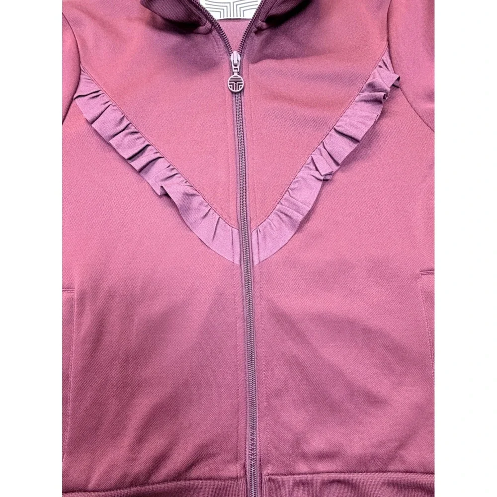 Tory Sport Tracksuit Set Women Medium Burgundy Ruffle Zip Jacket Snap Pants